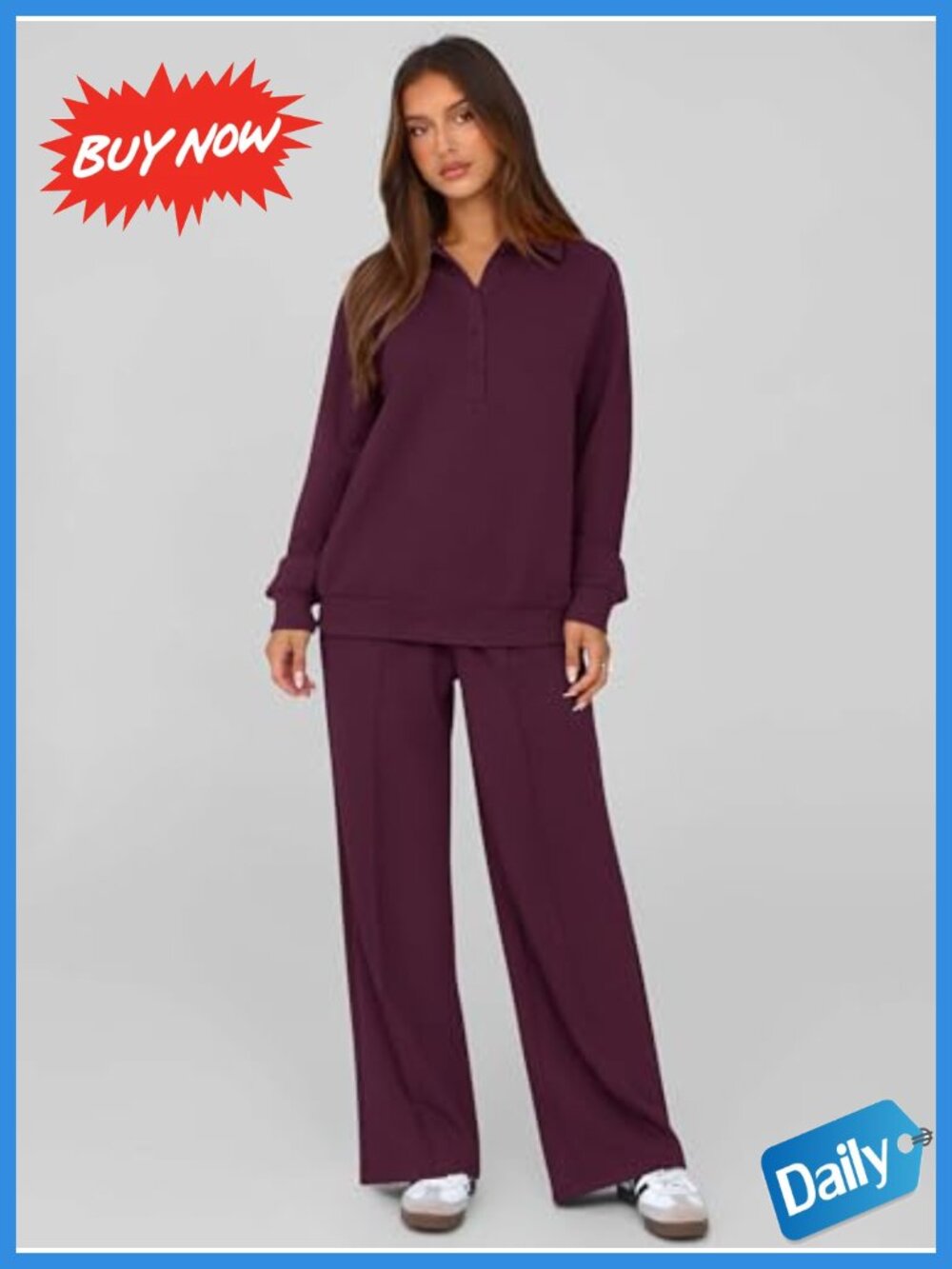 Womens 2 Piece Sweatsuit Set Quarter Button Wide Leg Lounge Travel Outfit - Picture 5 of 6